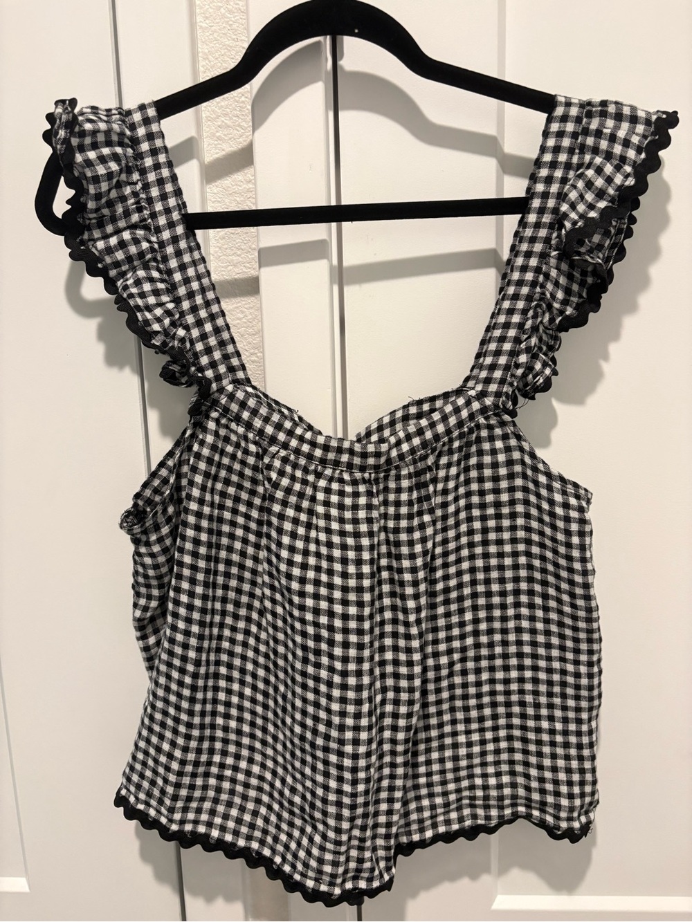 Cynthia Rowley Linen Black & White Gingham Ruffle-Strap Tank